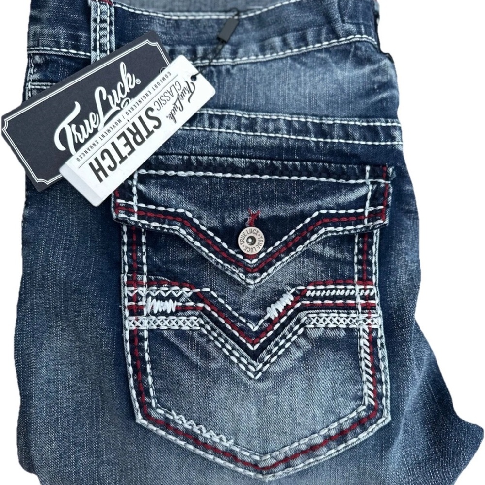 True Luck Blue Classic Stretch Straight Jeans with Chevron Embroidery 36x32